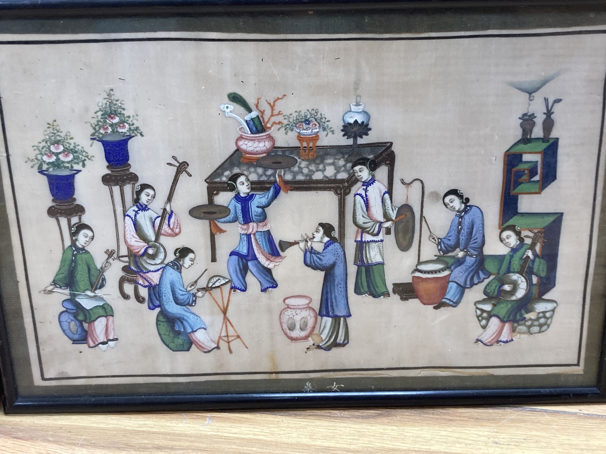 19th century Chinese School, pair of gouache on pith paper, Musicians and women arranging flowers, 19 x 31cm, a smaller pair of studies
